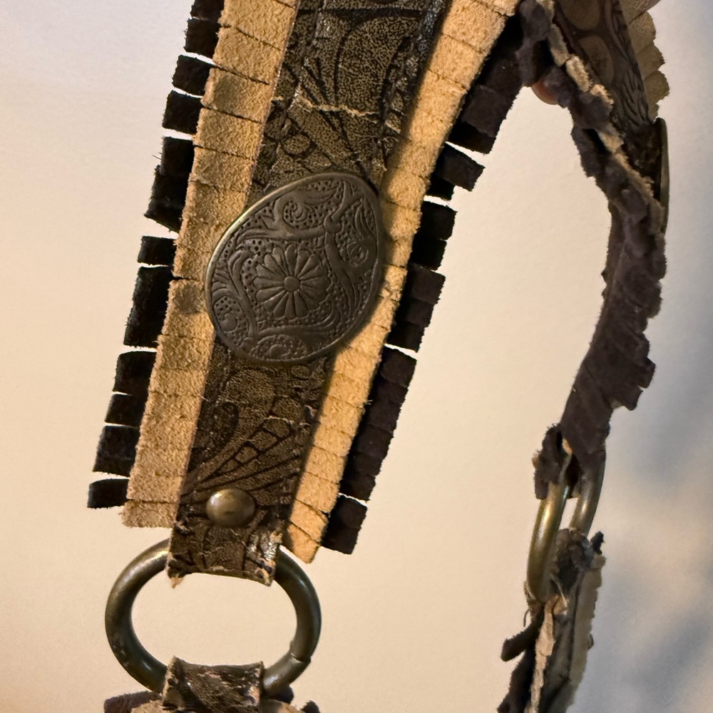 VTG Southwestern Concho Belt‎ Brown Tan Leather  Tassel Tie Waist Studded 60”